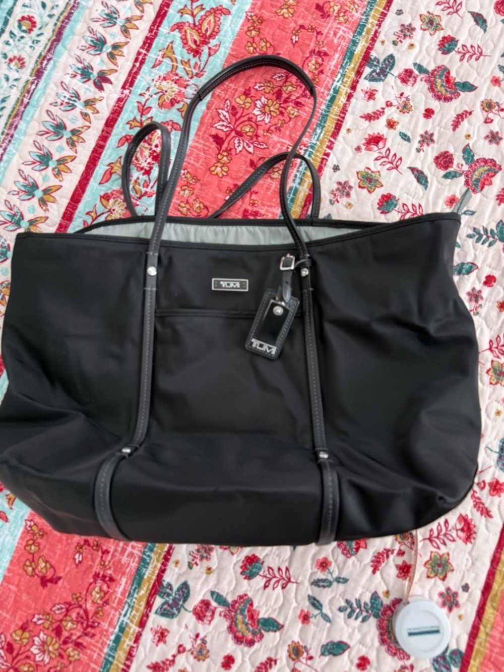 Tumi Black Nylon Tote with Leather Trim and Tag